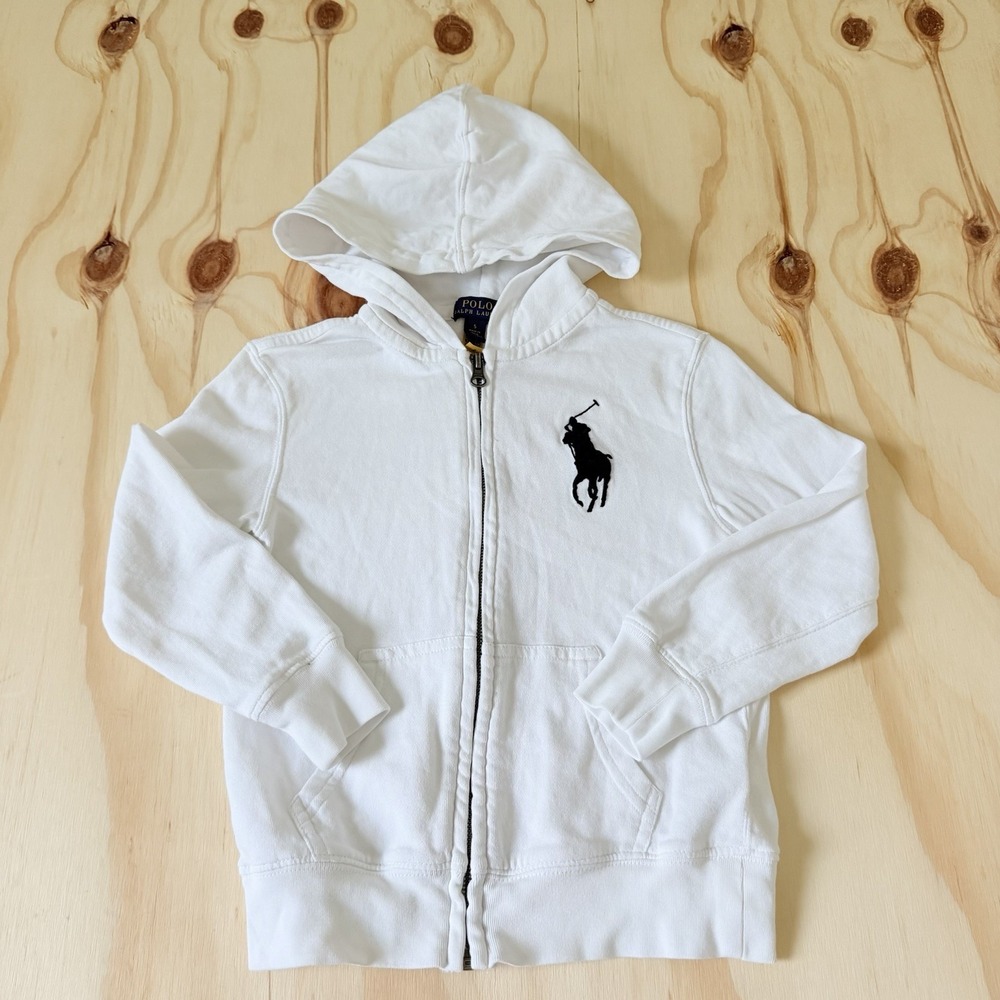 Polo Ralph Lauren Hoodie Kids 5 White Terry Full Zip Big Pony Logo Sweatshirt